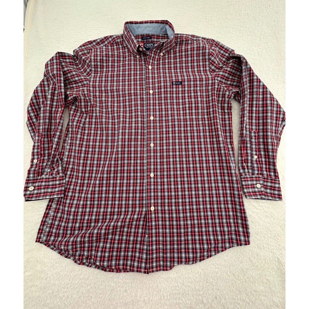 Chaps Mens Red White Blue Plaid Easy Care Button Down Shirt Large L Long Sleeve